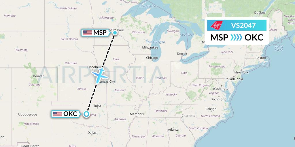 VS2047 Virgin Atlantic Airways Flight Map: Minneapolis to Oklahoma City