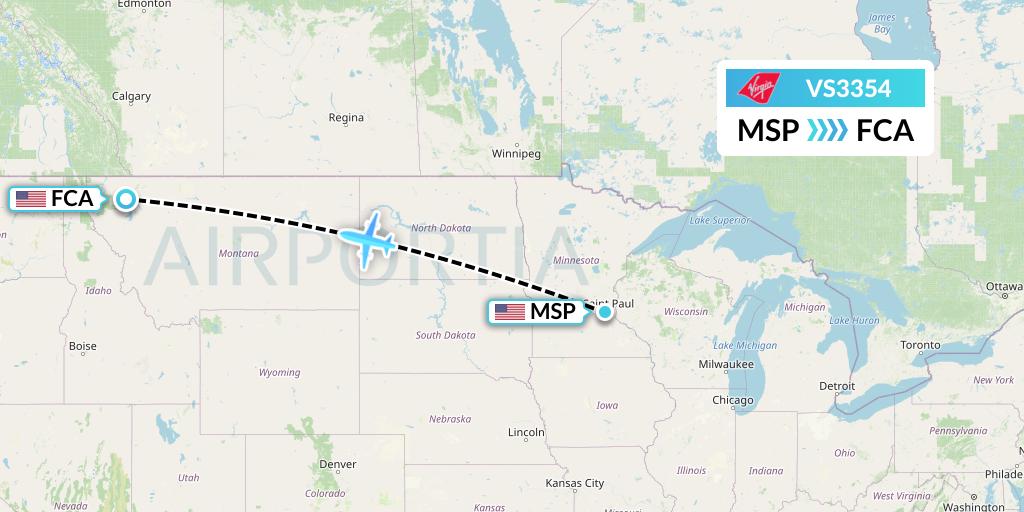 VS3354 Virgin Atlantic Airways Flight Map: Minneapolis to Kalispell