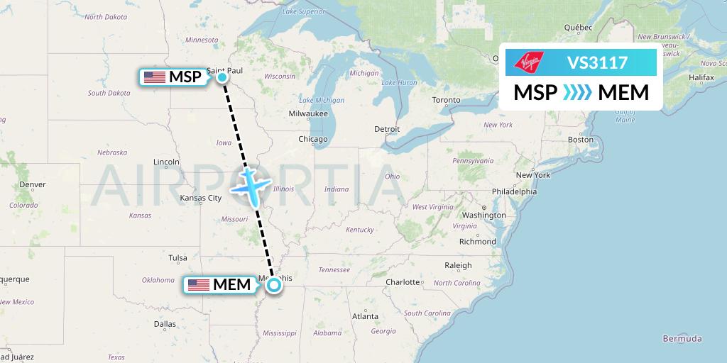 VS3117 Virgin Atlantic Airways Flight Map: Minneapolis to Memphis
