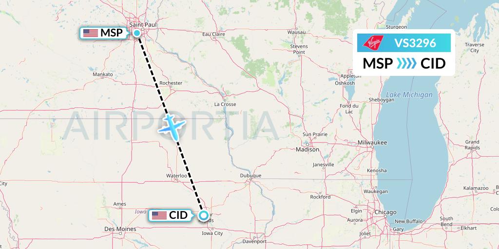 VS3296 Virgin Atlantic Airways Flight Map: Minneapolis to Cedar Rapids