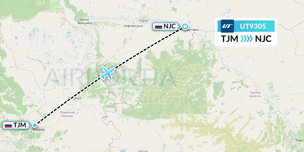 UT9305 UTair Flight Map: Tyumen to Nizhnevartovsk