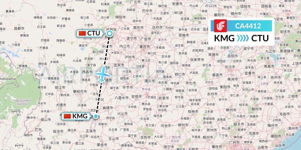 CA4412 Air China Flight Map: Kunming to Chengdu