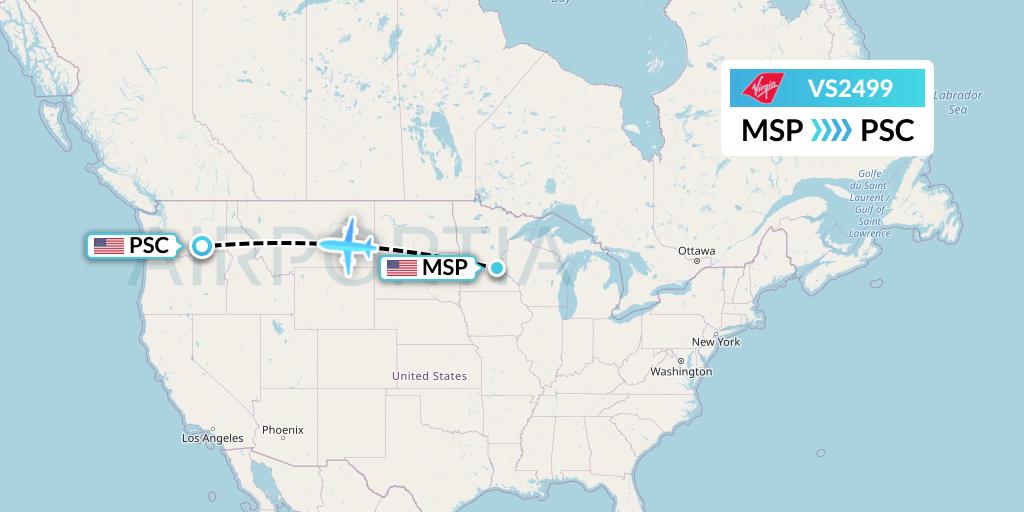VS2499 Virgin Atlantic Airways Flight Map: Minneapolis to Pasco