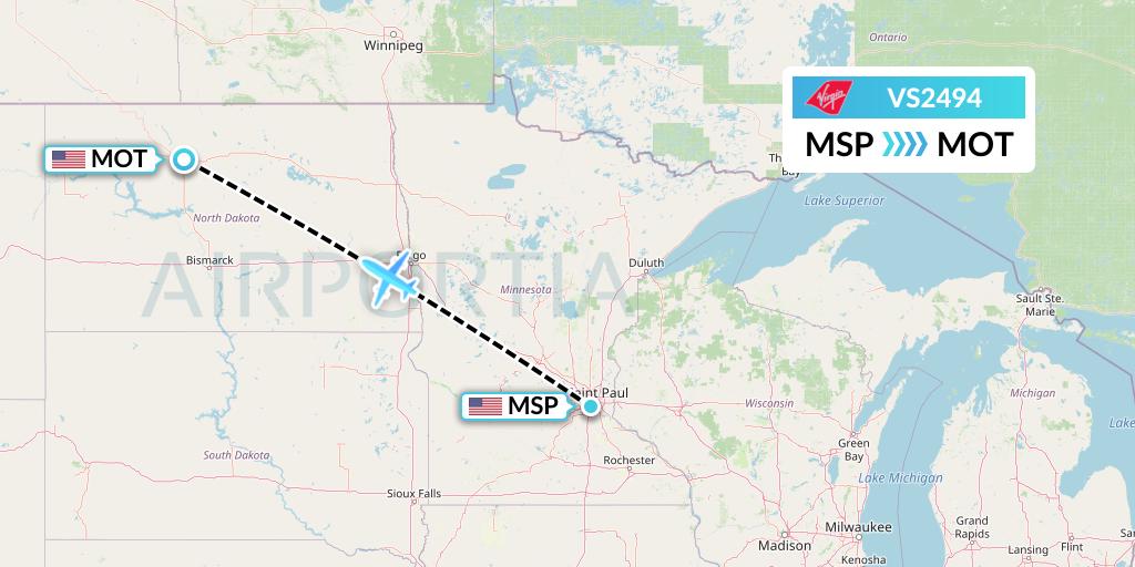 VS2494 Virgin Atlantic Airways Flight Map: Minneapolis to Minot
