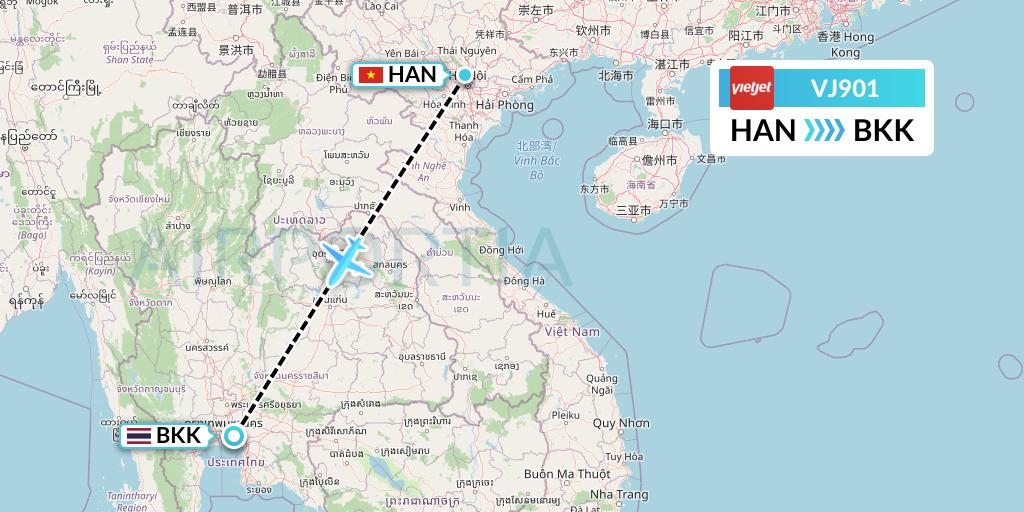 VJ901 VietJet Air Flight Map: Hanoi to Bangkok