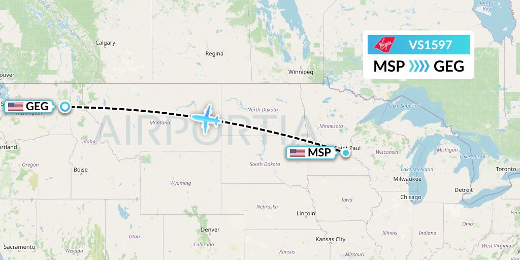 VS1597 Virgin Atlantic Airways Flight Map: Minneapolis to Spokane