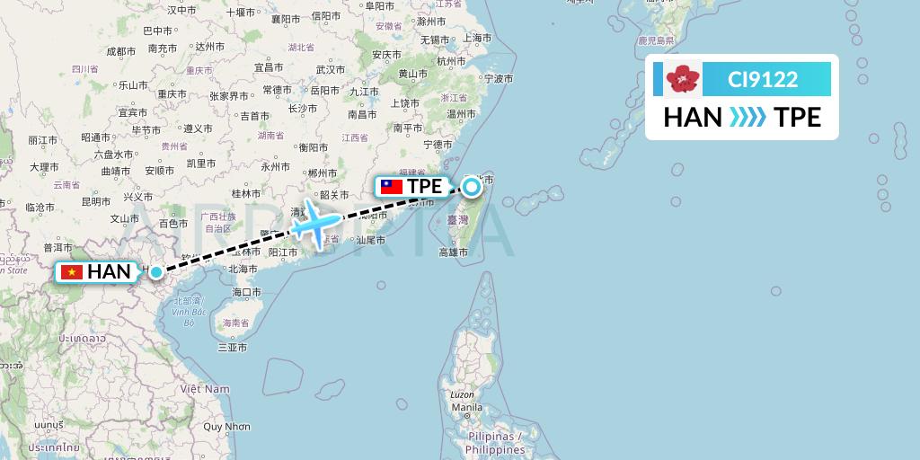 CI9122 China Airlines Flight Map: Hanoi to Taipei