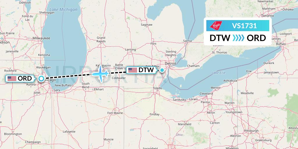 VS1731 Virgin Atlantic Airways Flight Map: Detroit to Chicago
