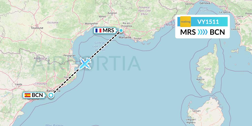 VY1511 Vueling Flight Map: Marseille to Barcelona