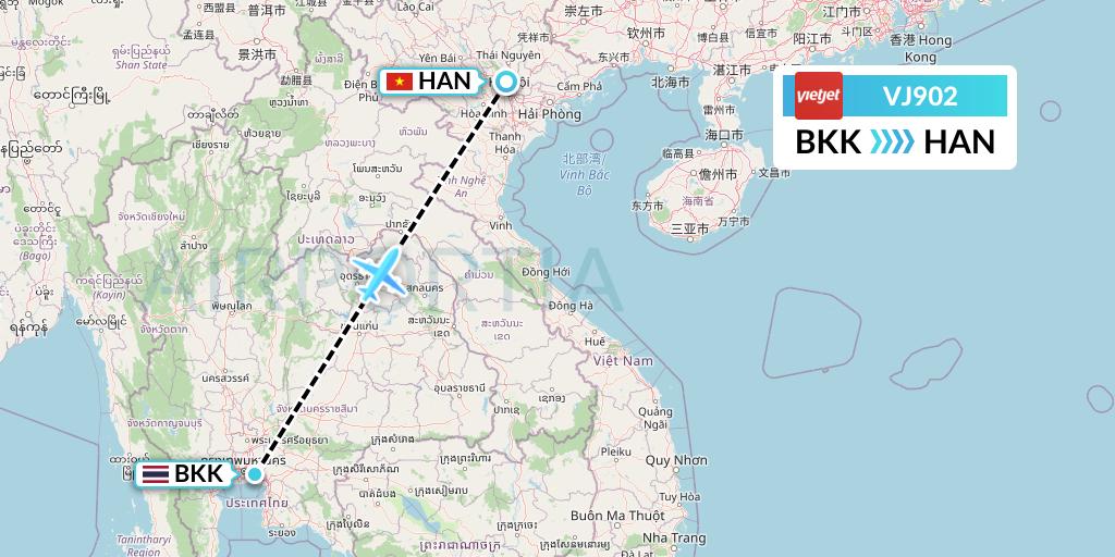 VJ902 VietJet Air Flight Map: Bangkok to Hanoi