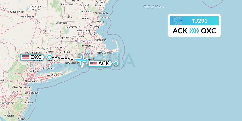 TJ293 Tradewind Aviation Flight Map: Nantucket to Oxford