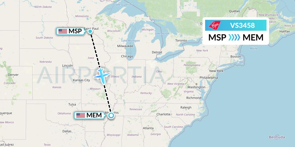 VS3458 Virgin Atlantic Airways Flight Map: Minneapolis to Memphis