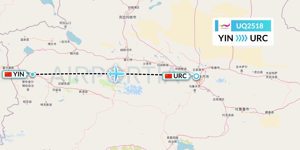 UQ2518 Urumqi Airlines Flight Map: Yining to Urumqi