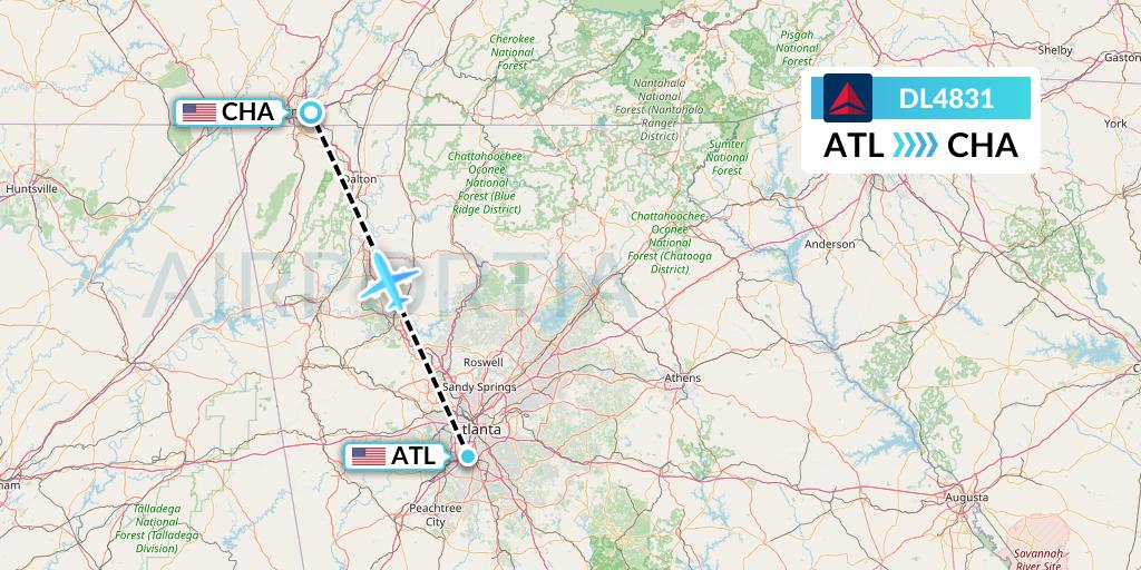 DL4831 Delta Air Lines Flight Map: Atlanta to Chattanooga