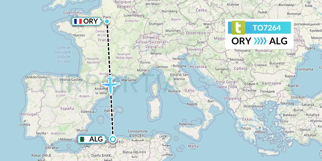 TO7264 Transavia France Flight Map: Paris to Algiers