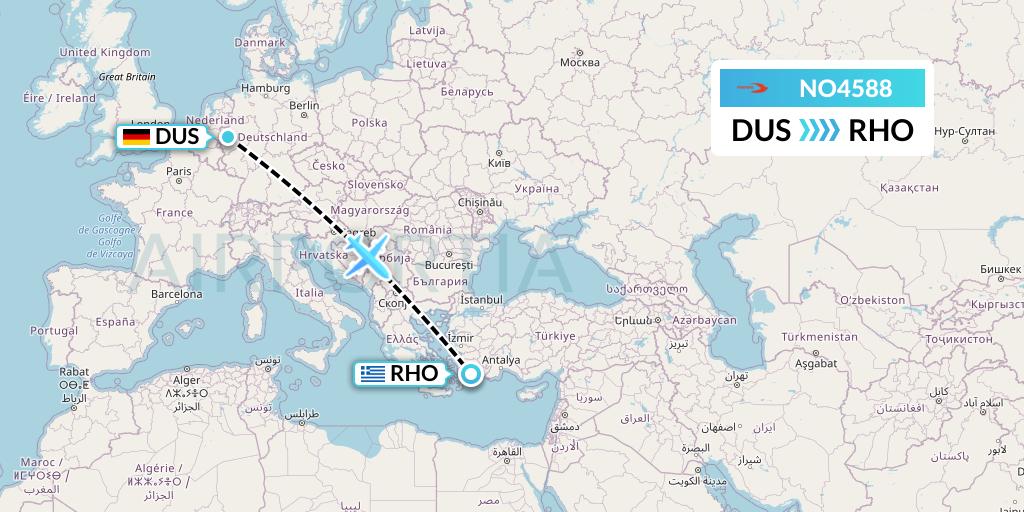 NO4588 Neos Flight Map: Dusseldorf to Rhodes