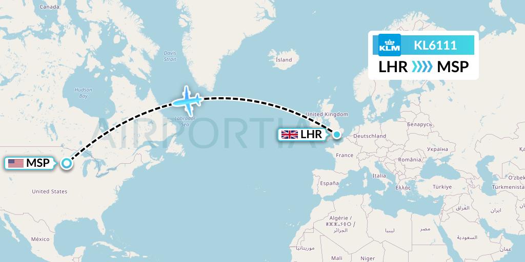 KL6111 KLM Flight Map: London to Minneapolis