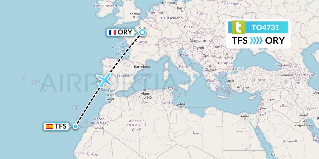 TO4731 Transavia France Flight Map: Tenerife to Paris