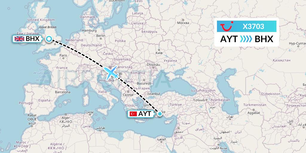 X3703 TUI fly Germany Flight Map: Antalya to Birmingham