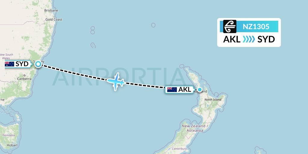 NZ1305 Air New Zealand Flight Map: Auckland to Sydney