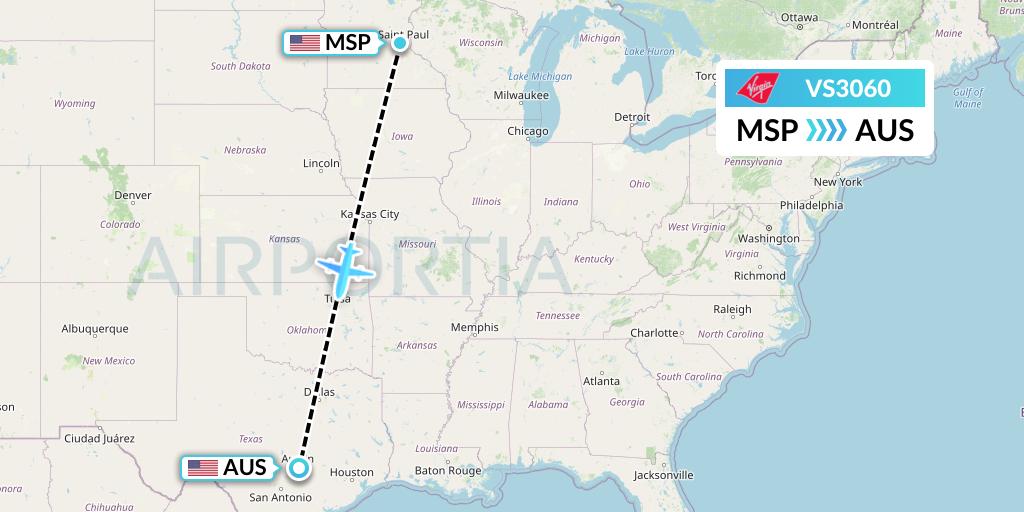 VS3060 Virgin Atlantic Airways Flight Map: Minneapolis to Austin
