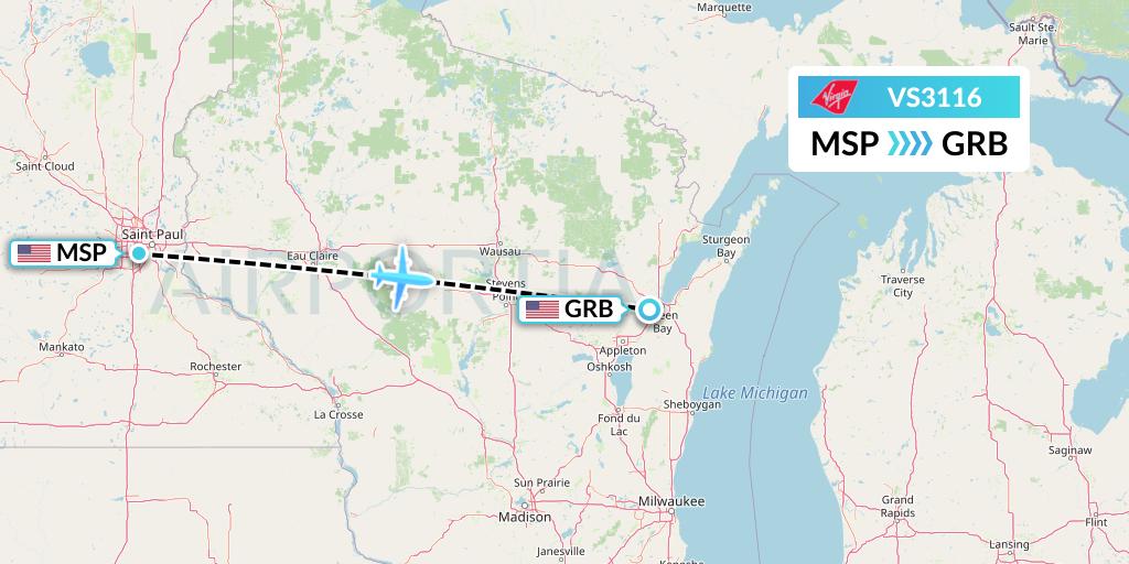 VS3116 Virgin Atlantic Airways Flight Map: Minneapolis to Green Bay