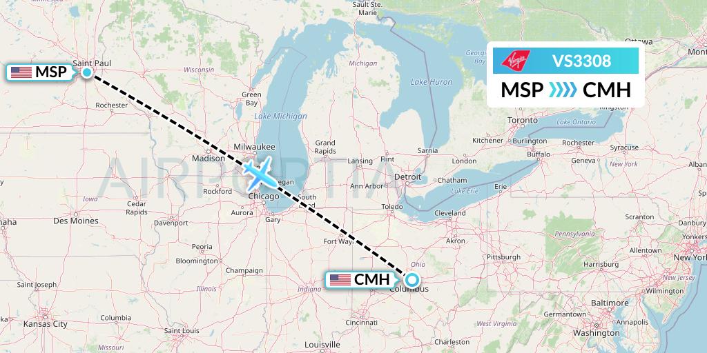 VS3308 Virgin Atlantic Airways Flight Map: Minneapolis to Columbus