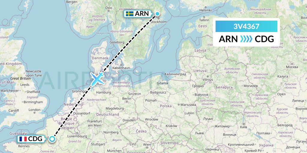 3V4367 ASL Airlines Belgium Flight Map: Stockholm to Paris