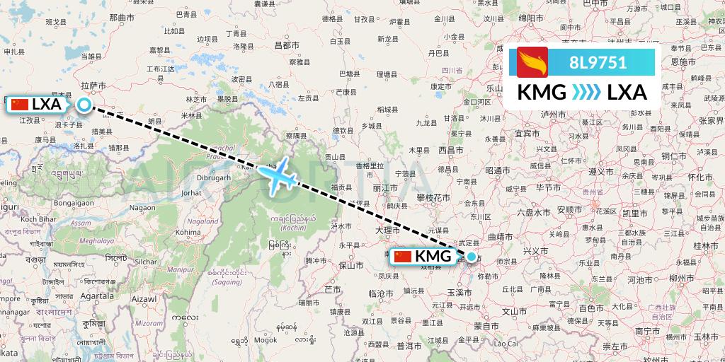 8L9751 Lucky Air Flight Map: Kunming to Lhasa