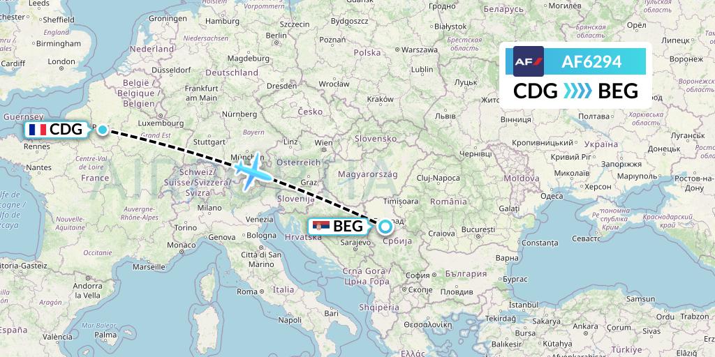 AF6294 Air France Flight Map: Paris to Belgrade