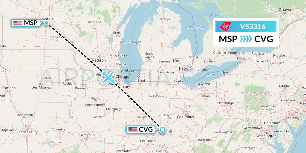 VS3316 Virgin Atlantic Airways Flight Map: Minneapolis to Cincinnati