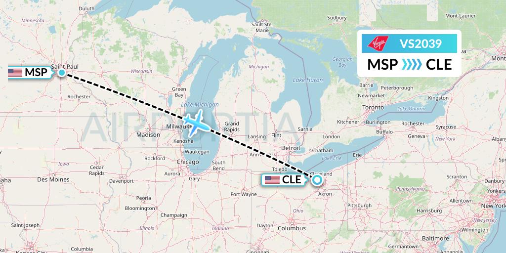 VS2039 Virgin Atlantic Airways Flight Map: Minneapolis to Cleveland