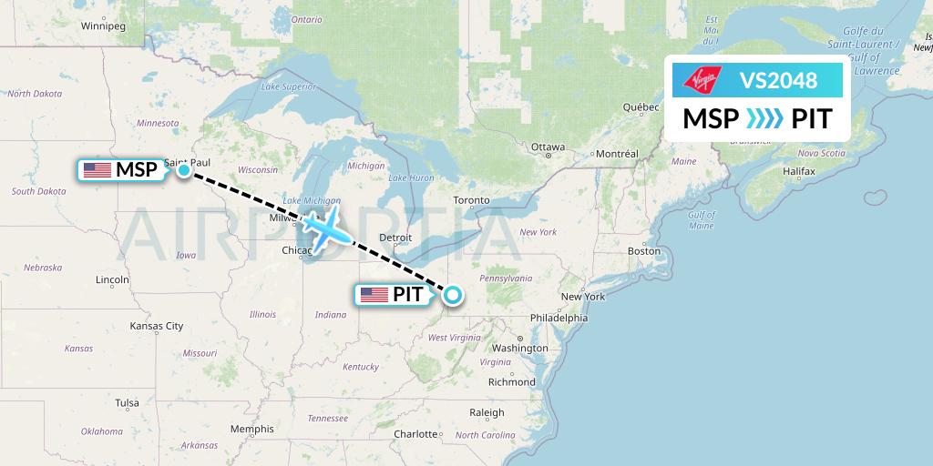 VS2048 Virgin Atlantic Airways Flight Map: Minneapolis to Pittsburgh