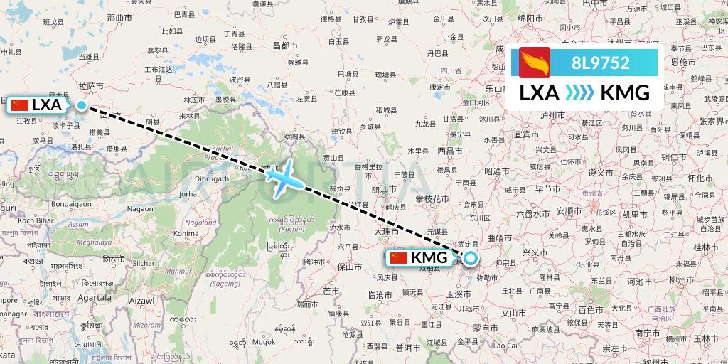 8L9752 Lucky Air Flight Map: Lhasa to Kunming