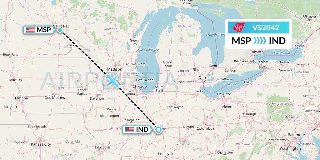 VS2042 Virgin Atlantic Airways Flight Map: Minneapolis to Indianapolis