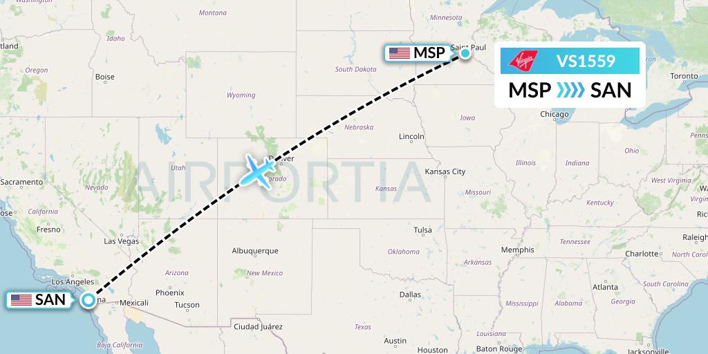 VS1559 Virgin Atlantic Airways Flight Map: Minneapolis to San Diego