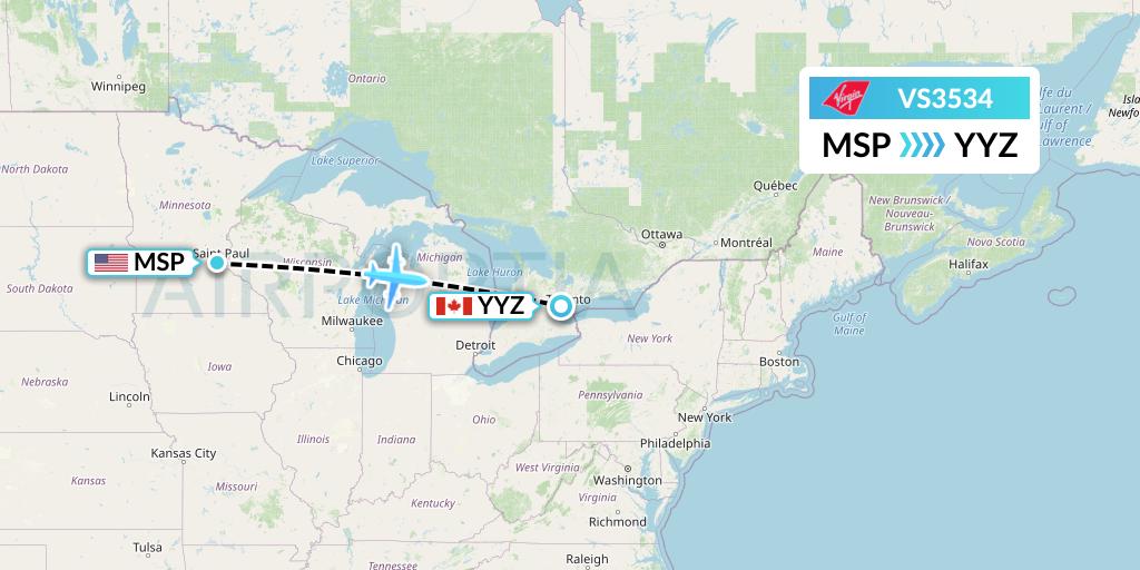 VS3534 Virgin Atlantic Airways Flight Map: Minneapolis to Toronto