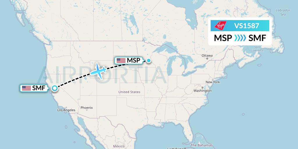 VS1587 Virgin Atlantic Airways Flight Map: Minneapolis to Sacramento