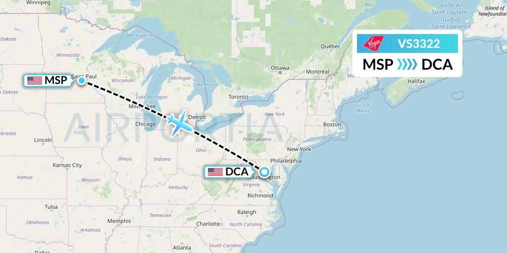 VS3322 Virgin Atlantic Airways Flight Map: Minneapolis to Washington