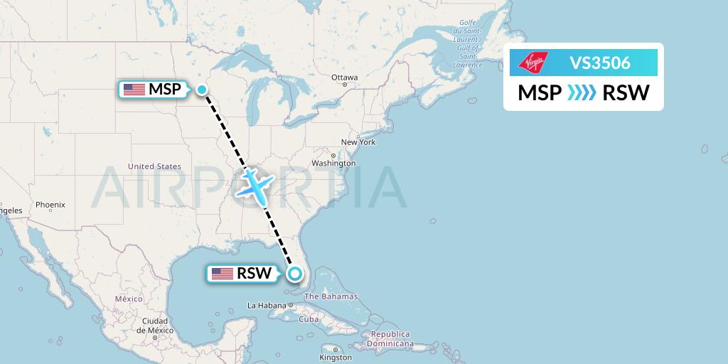 VS3506 Virgin Atlantic Airways Flight Map: Minneapolis to Fort Myers