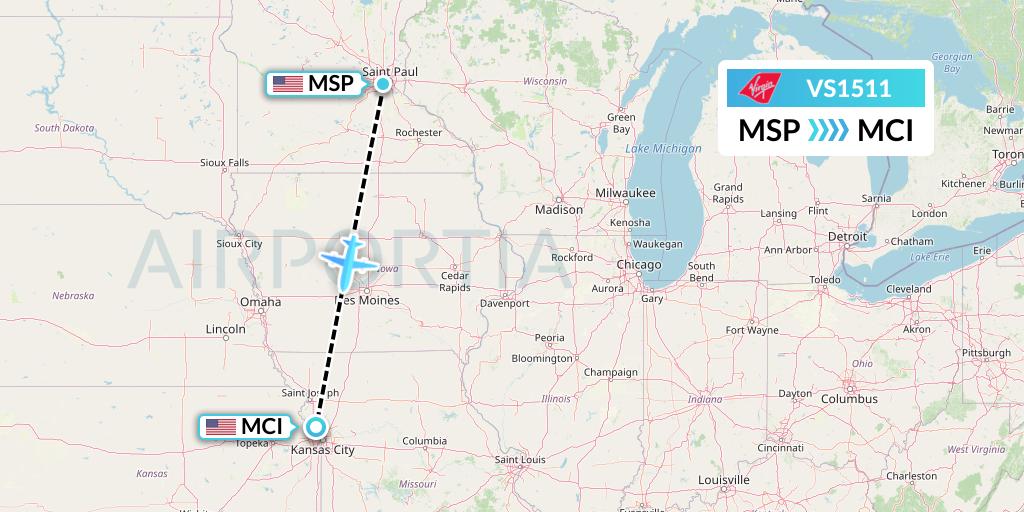 VS1511 Virgin Atlantic Airways Flight Map: Minneapolis to Kansas City