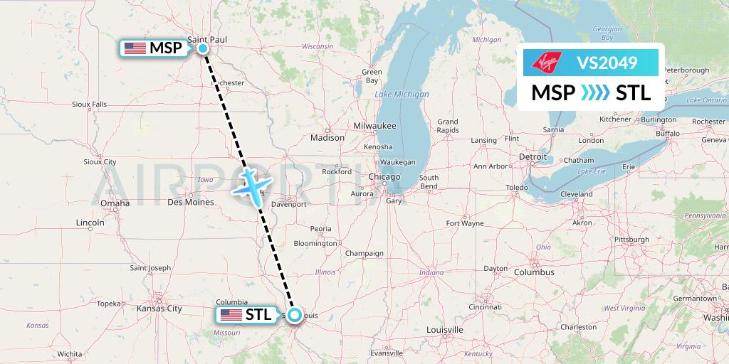 VS2049 Virgin Atlantic Airways Flight Map: Minneapolis to St. Louis
