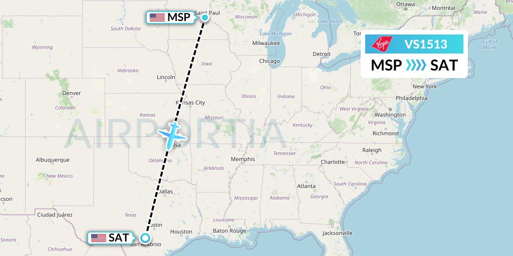 VS1513 Virgin Atlantic Airways Flight Map: Minneapolis to San Antonio