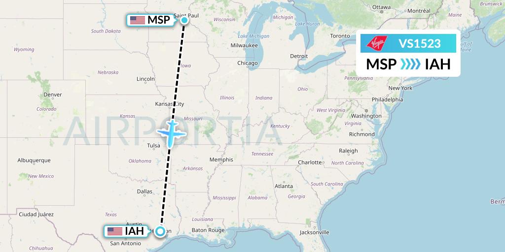 VS1523 Virgin Atlantic Airways Flight Map: Minneapolis to Houston