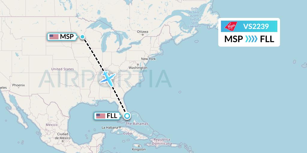 VS2239 Virgin Atlantic Airways Flight Map: Minneapolis to Fort Lauderdale