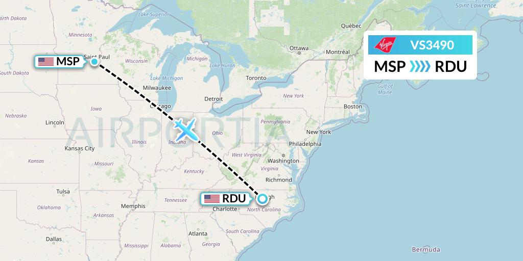 VS3490 Virgin Atlantic Airways Flight Map: Minneapolis to Raleigh-Durham