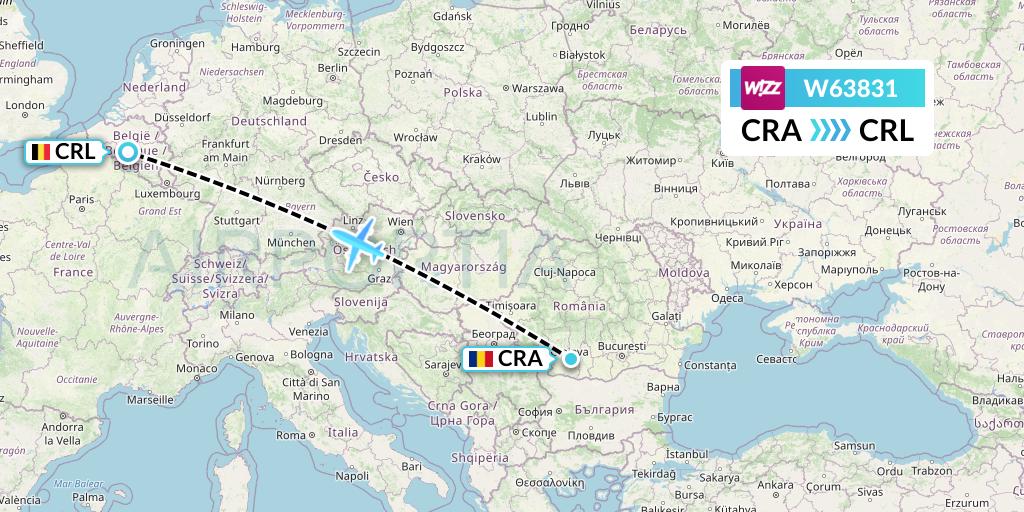 W63831 Wizz Air Flight Map: Craiova to Brussels