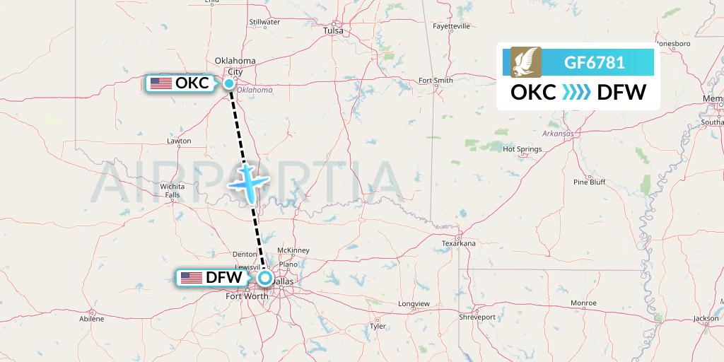 GF6781 Gulf Air Flight Map: Oklahoma City to Dallas