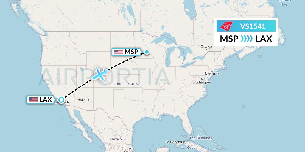 VS1541 Virgin Atlantic Airways Flight Map: Minneapolis to Los Angeles