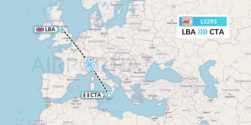 LS293 Jet2 Flight Map: Leeds to Catania